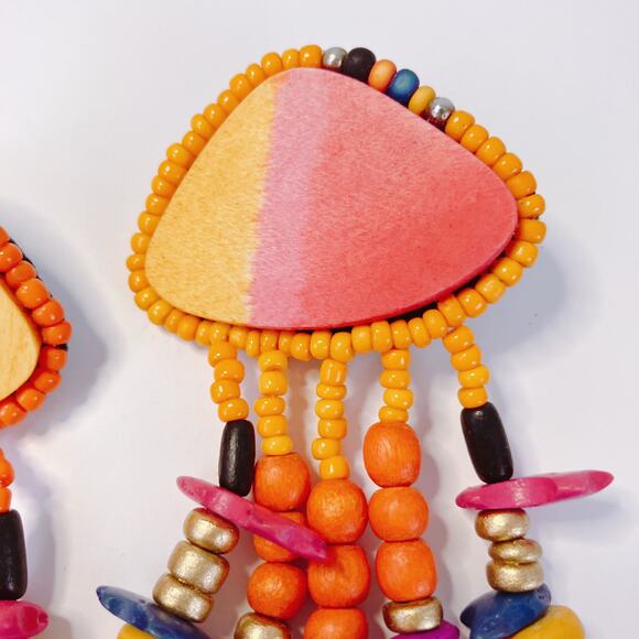 VTG Earrings Painted Wood Bead Boho Clip On Boho Tropical Chunky Eclectic 80s - Picture 5 of 12